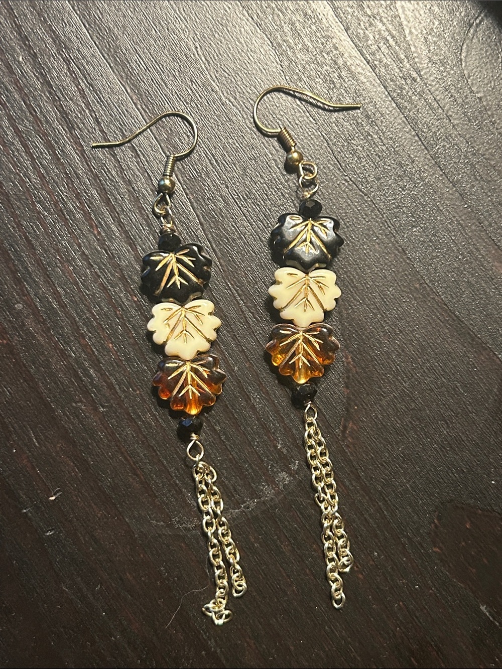 Leaf Trio Dangle Earrings in Black, Cream & Amber with Gold Chains